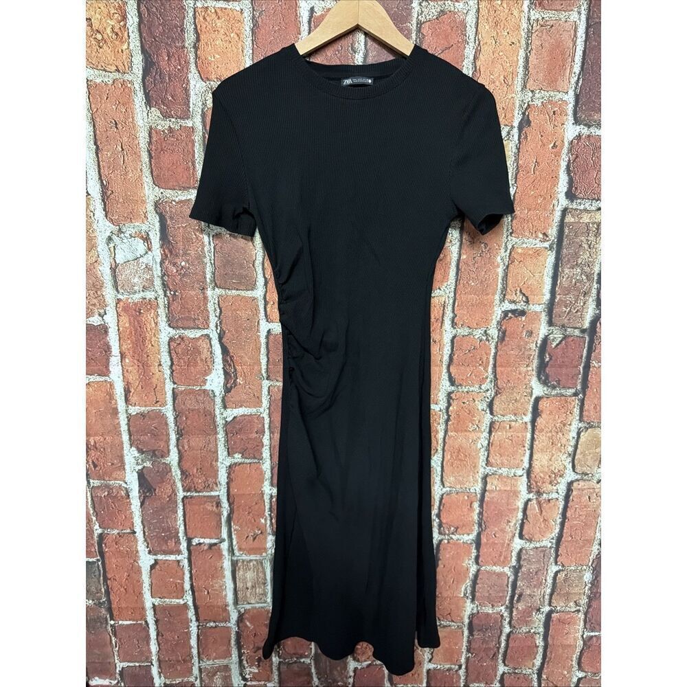 Zara Women's Black Rib Knit Short Sleeve High Neck Mini Bodycon Sweater Dress S